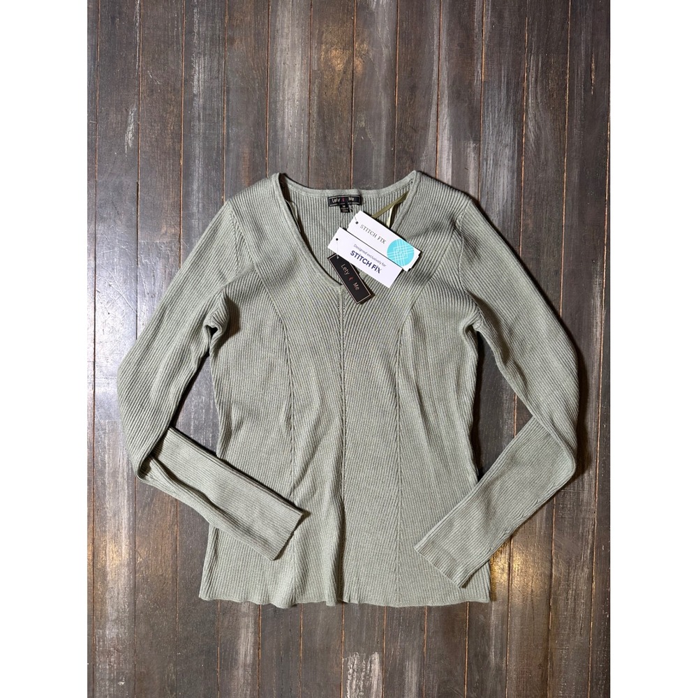 Lety & Me Stitch Fix Sage Green Ribbed V-Neck Long Sleeve Sweater Top Size M